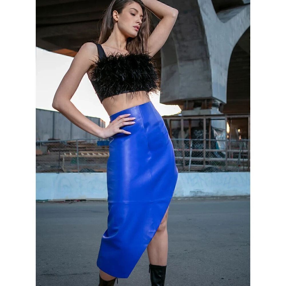 $450 New AS BY DF Fallon Asymmetric Recycled Leather Midi Skirt Medium Blue
